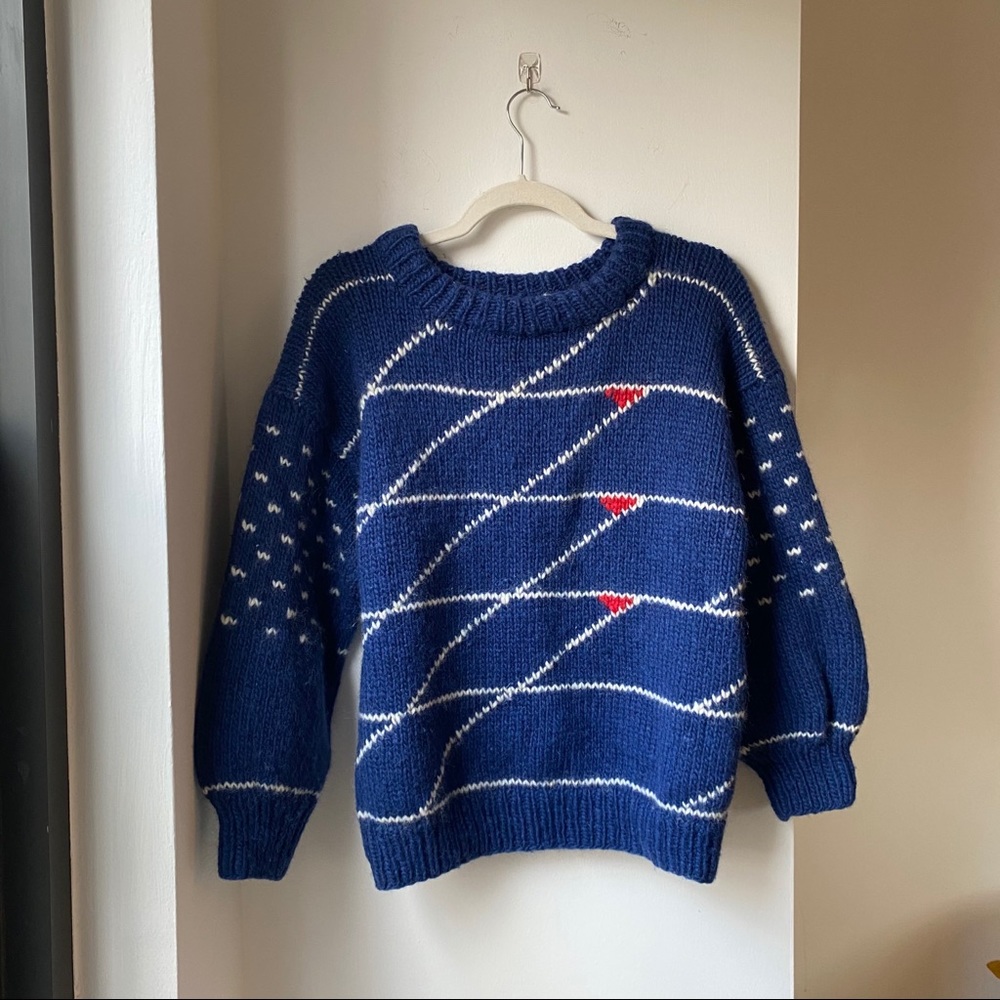 VINTAGE Bright Blue Nautical Pattern Wool Sweater